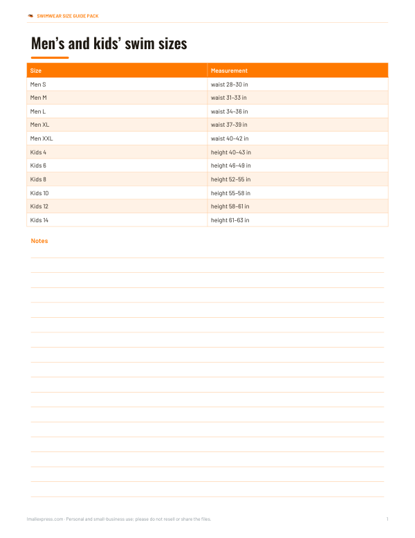 Preview of Printable Men’s and Kids’ Swim Size Chart