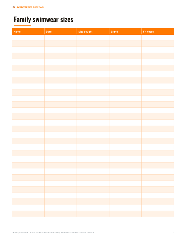 Preview of Printable Swimwear Size Record