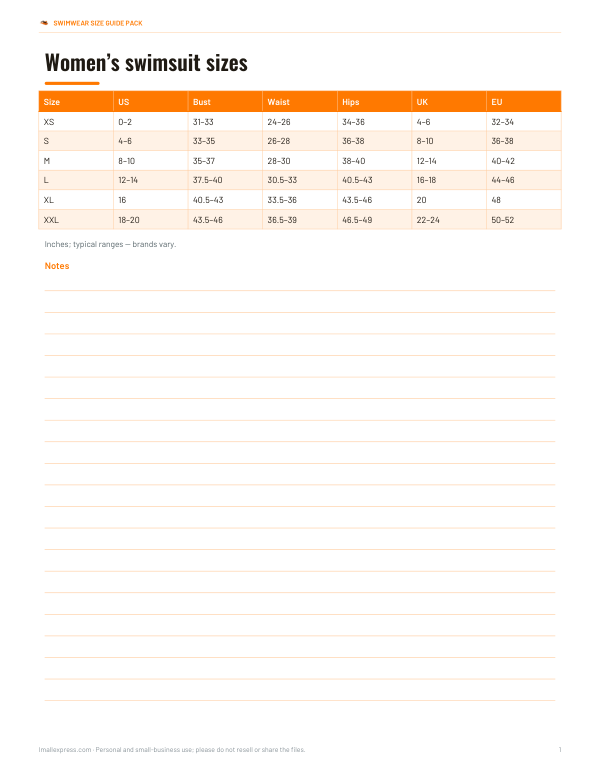 Preview of Printable Women’s Swim Size Chart